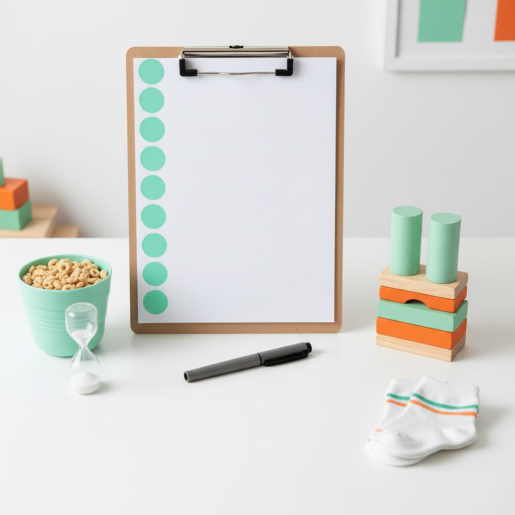A toddler activity table with a sticker chart, snack cups and stacked blocks in mint and tangerine