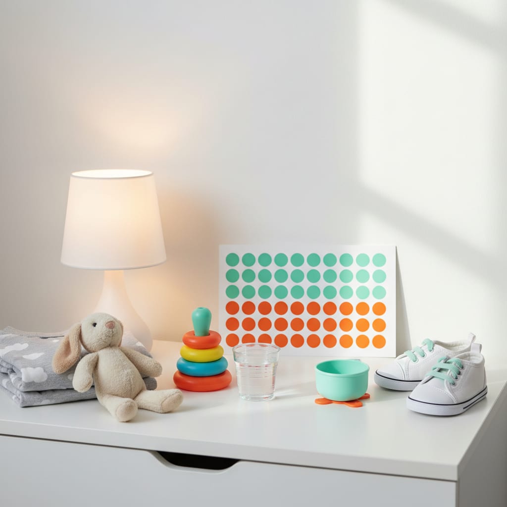 A toddler bedtime scene with a sticker chart, plush toy and dimmed lamp